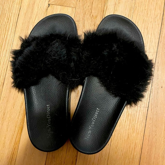 New York & Company Shoes - NY Black Fur Slides